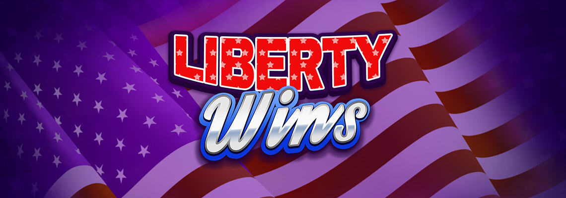 Liberty Wins banner with bold red and blue text over an American flag background