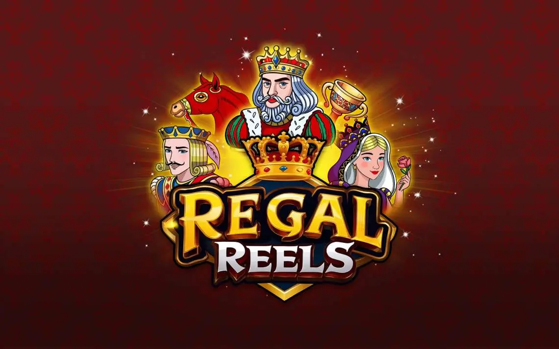 Colorful casino slot game logo titled Regal Reels featuring a medieval king, queen, knight, horse, golden goblet, and crown on a red radiant background