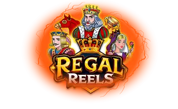 Logo for Regal Reels featuring illustrated medieval royalty — a king wearing a golden crown at the center, flanked by a queen, a prince, a horse, and a goblet, all set against an orange oval background.
