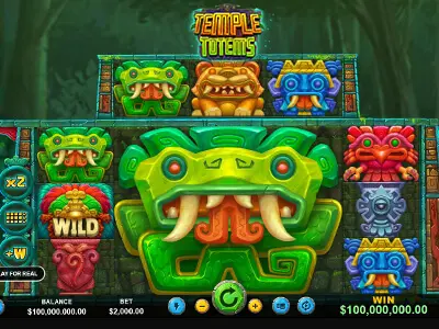 Temple Totems slot game screen featuring colorful tribal masks, wild symbols, and a big jackpot win.