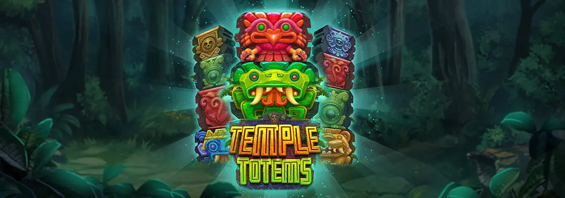 Colorful Temple Totems slot game logo featuring vibrant tribal masks and jungle background.
