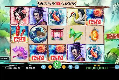 Screenshot of an Asian-themed online slot game called Whispers of Seasons. The slot reels display symbols such as a geisha, samurai, koi fish, crane, fireworks, fan, torii gate, and lantern. Several WILD symbols appear, triggering a large win of $100,000,000.00. The balance shown is $100,000,000.00 with a $2.00 bet. The interface includes buttons for spinning and adjusting the bet.