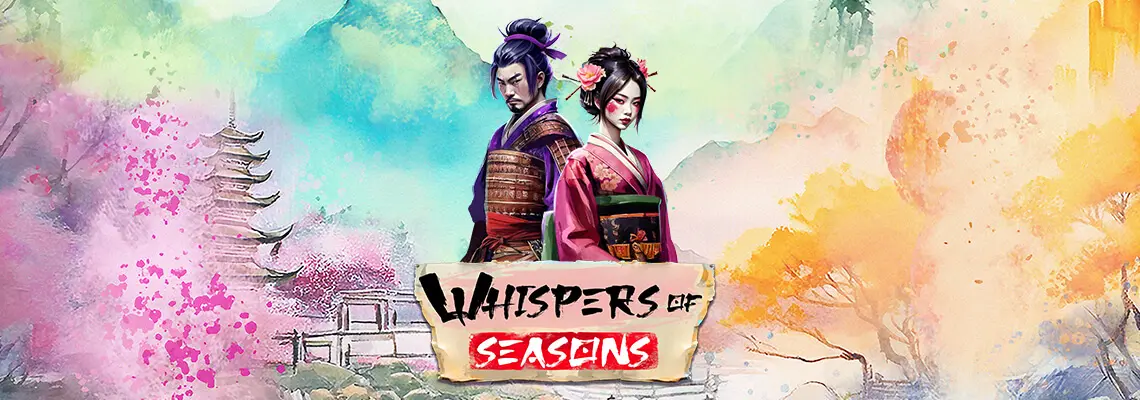 Logo image for the Whispers of Seasons slot game featuring a samurai and a geisha in traditional attire against a watercolor-style Japanese landscape. The game title is displayed in stylized brushstroke text with Whispers of in black and Seasons in bold red.