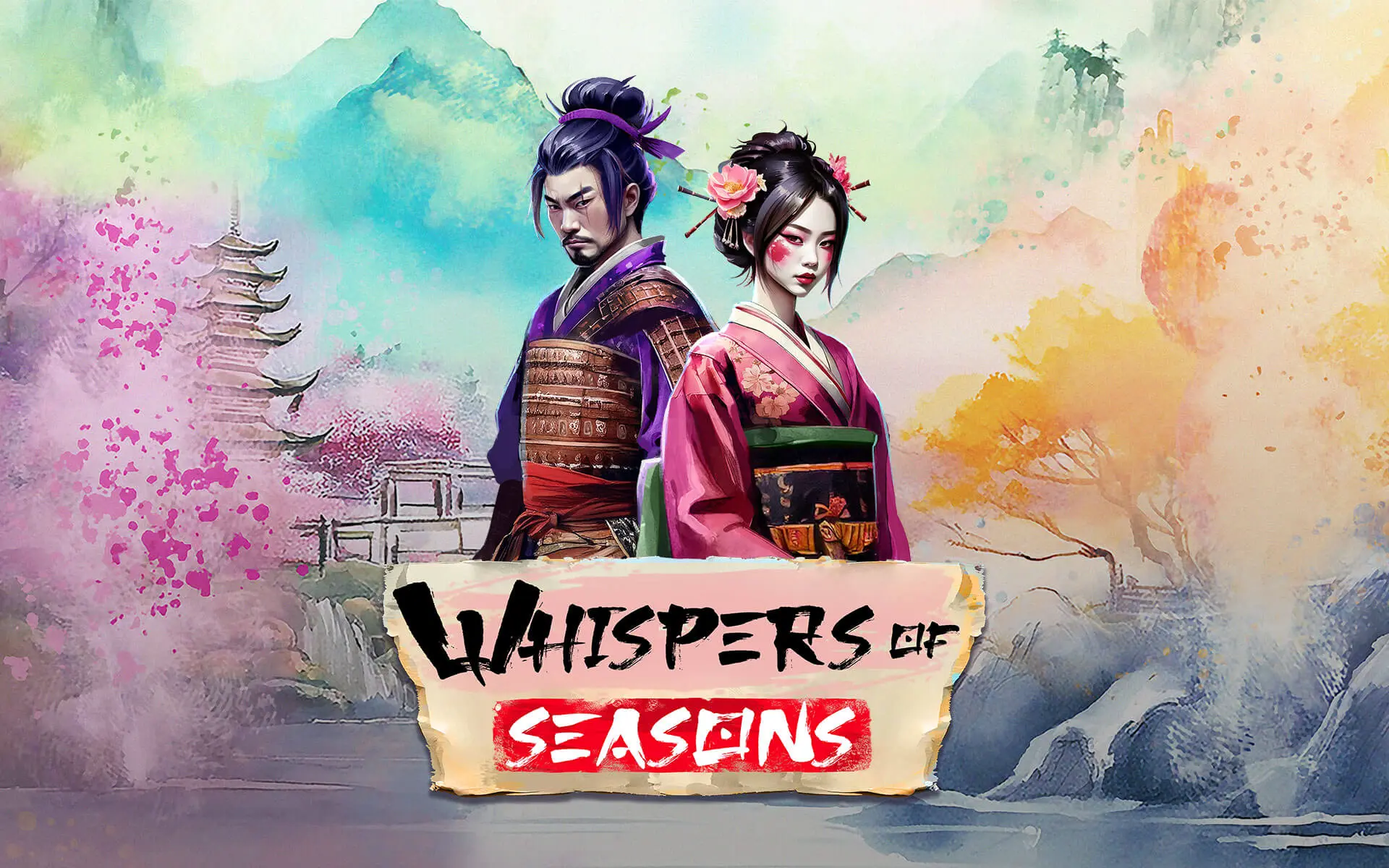 Logo image for the Whispers of Seasons slot game featuring a samurai and a geisha in traditional attire against a watercolor-style Japanese landscape. The game title is displayed in stylized brushstroke text with Whispers of in black and Seasons in bold red.
